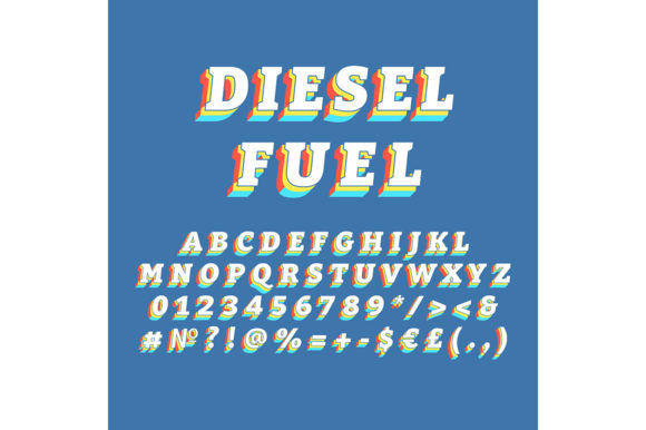 Diesel Fuel Vintage 3d Vector Alphabet Graphics for Print Templates