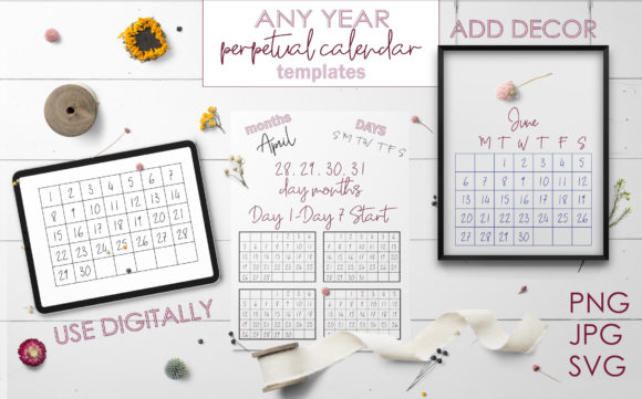 Perpetual Calendar Templates-Script Font for Graphics & Print